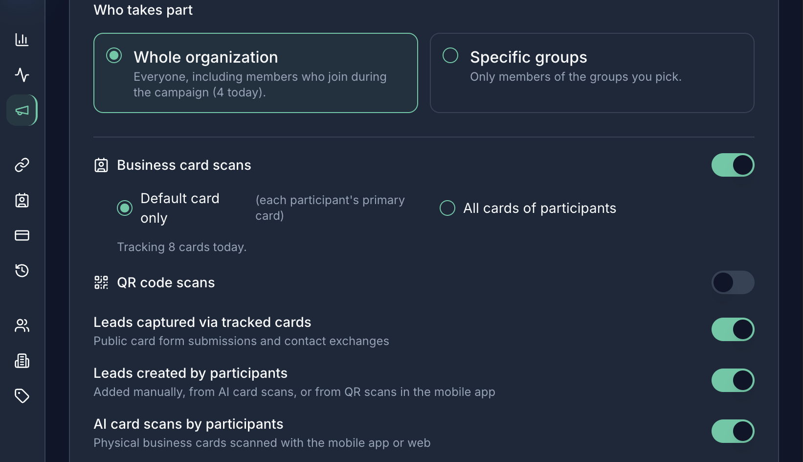The New campaign form in namponi: who takes part (whole organisation or specific groups), which business cards count, booth QR codes, and the lead and AI card scan switches