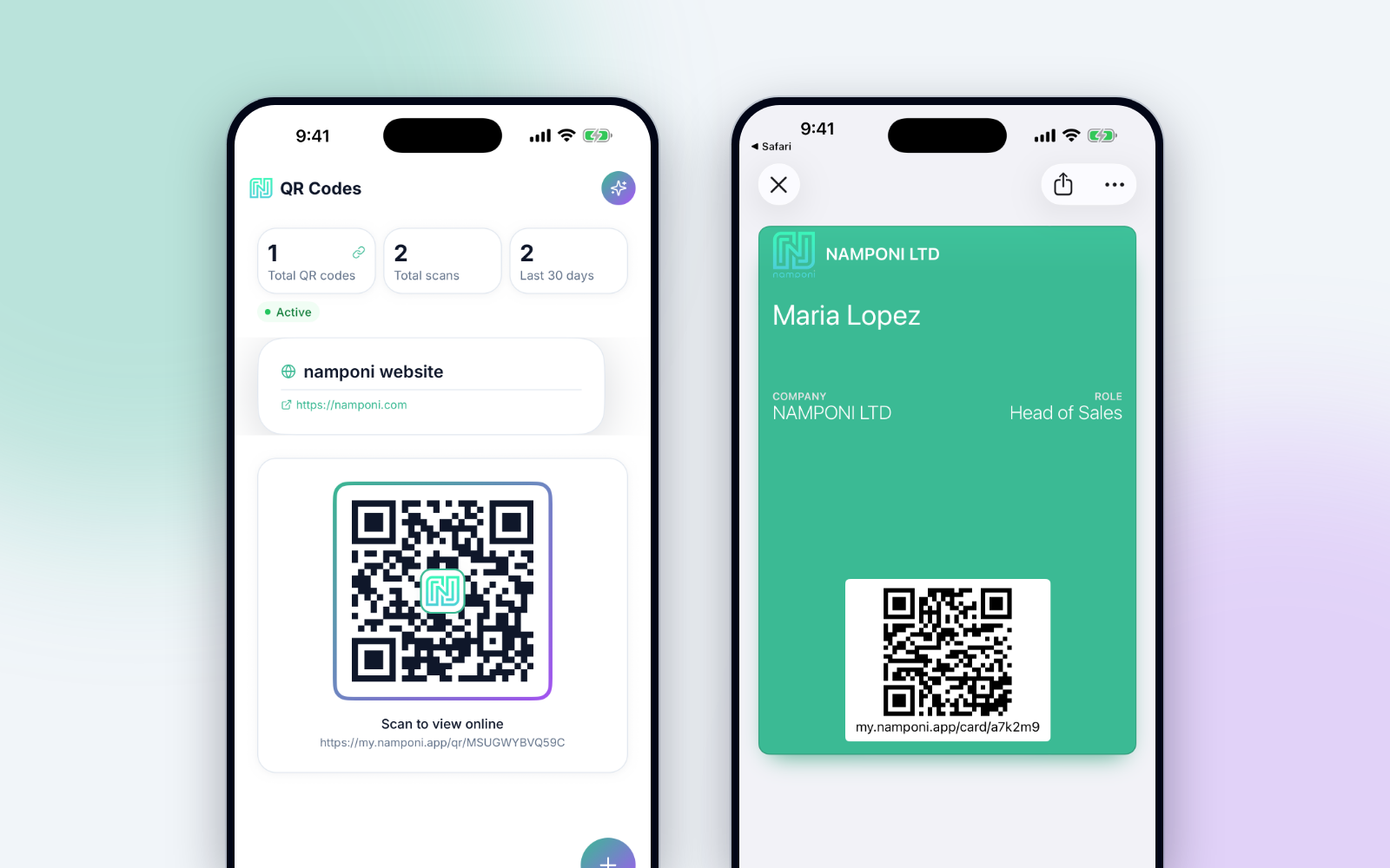 The QR Codes screen in namponi with a branded booth QR code that opens the digital card, next to a company-branded pass in Apple Wallet