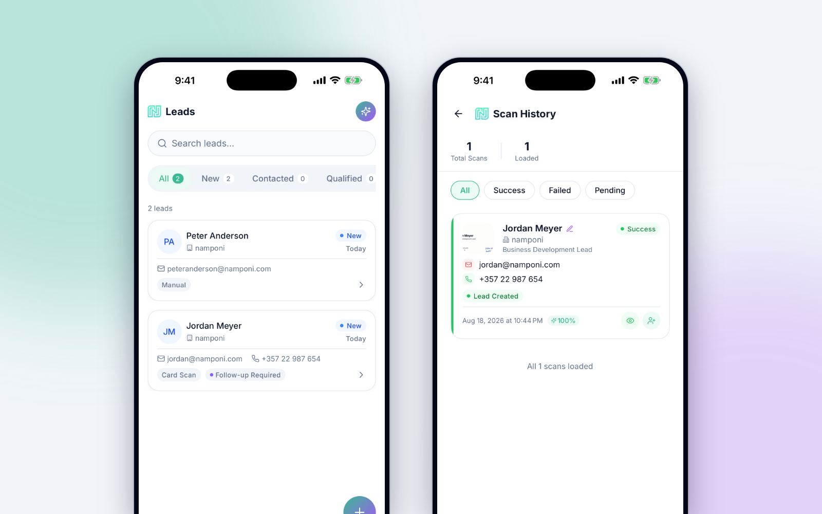 The leads list in namponi showing two contacts captured that day with source and status, alongside the scan history screen with a successful card scan